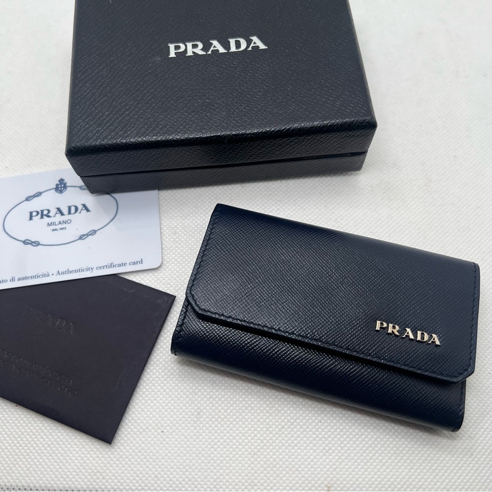 Prada Navy Saffiano Leather 6 Key Case Card Holder with Box